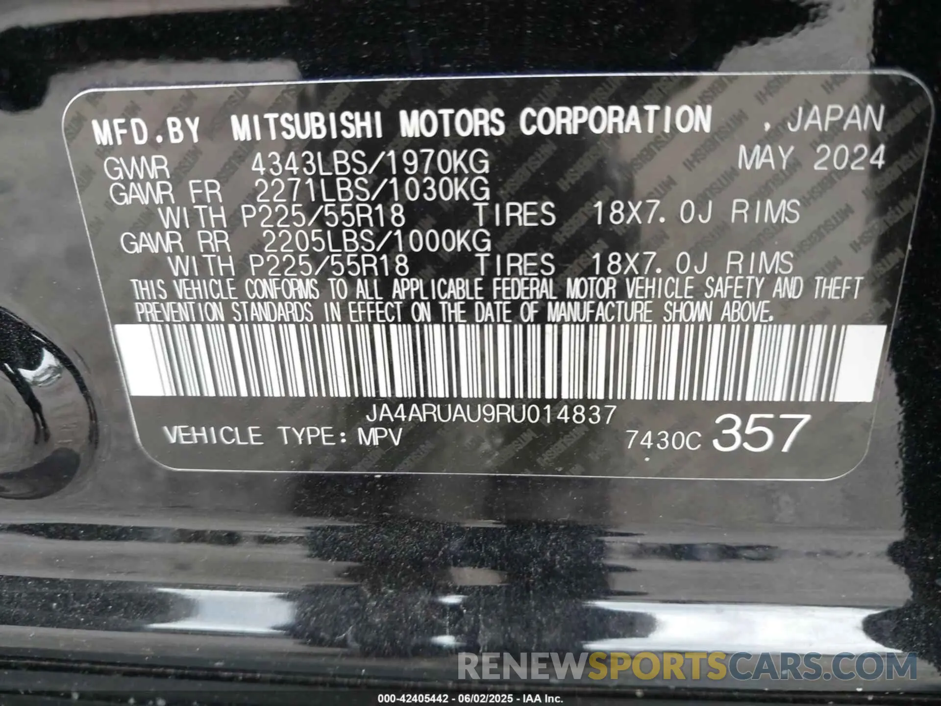 9 Photograph of a damaged car JA4ARUAU9RU014837 MITSUBISHI OUTLANDER SPORT 2024