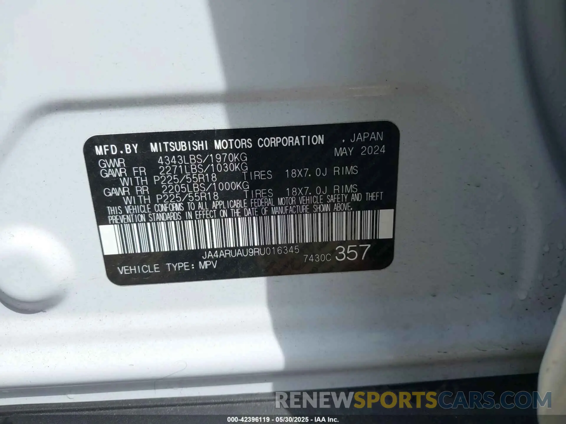 9 Photograph of a damaged car JA4ARUAU9RU016345 MITSUBISHI OUTLANDER SPORT 2024