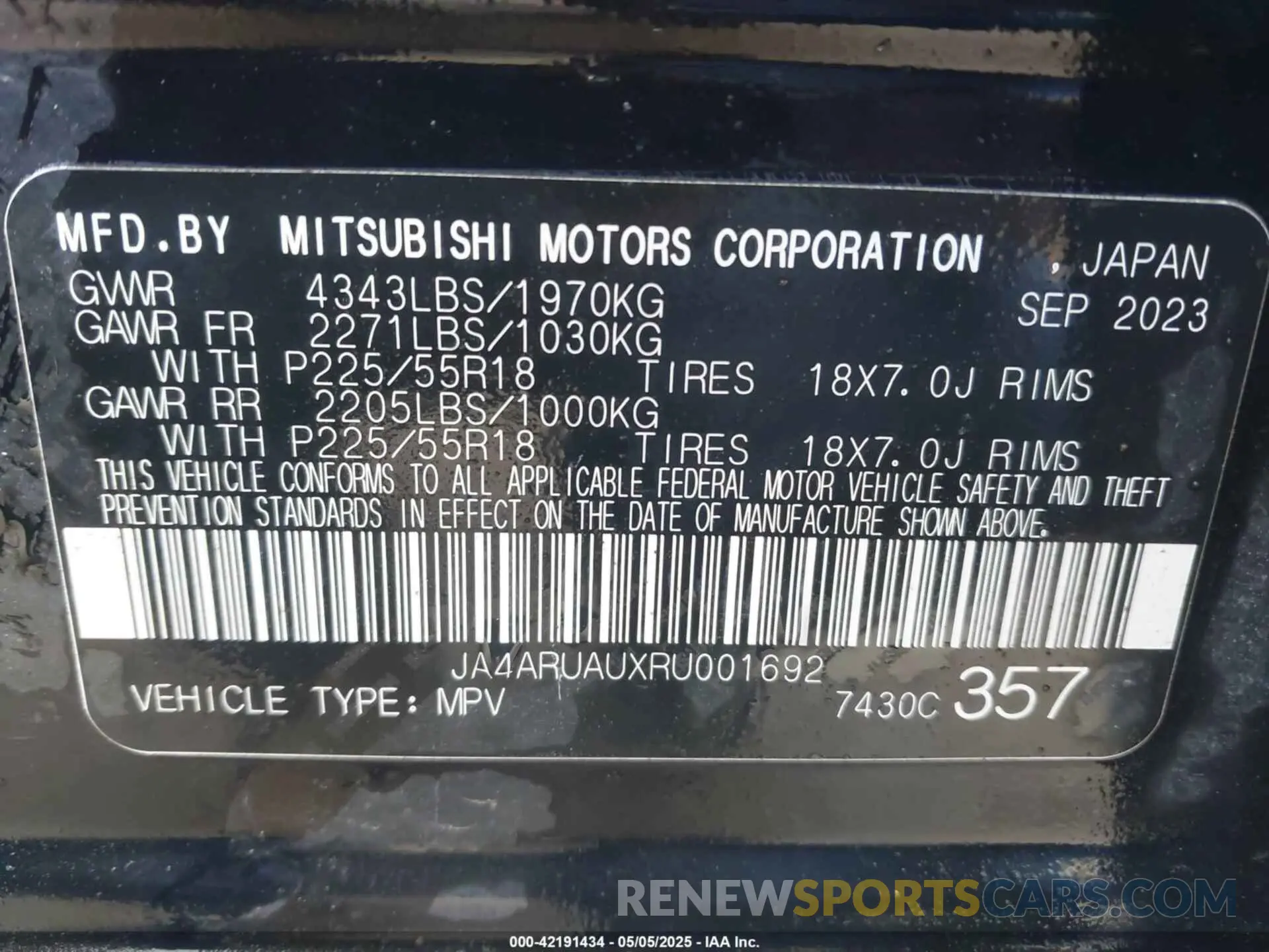 9 Photograph of a damaged car JA4ARUAUXRU001692 MITSUBISHI OUTLANDER SPORT 2024
