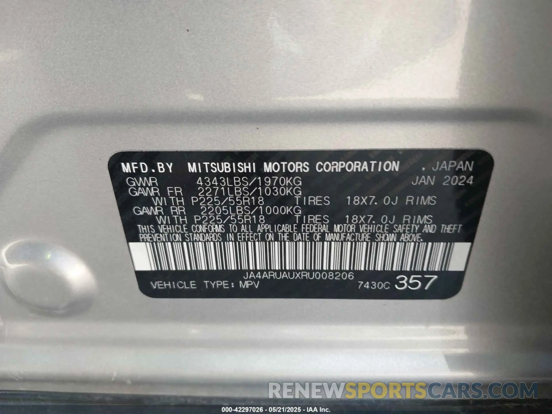 9 Photograph of a damaged car JA4ARUAUXRU008206 MITSUBISHI OUTLANDER SPORT 2024