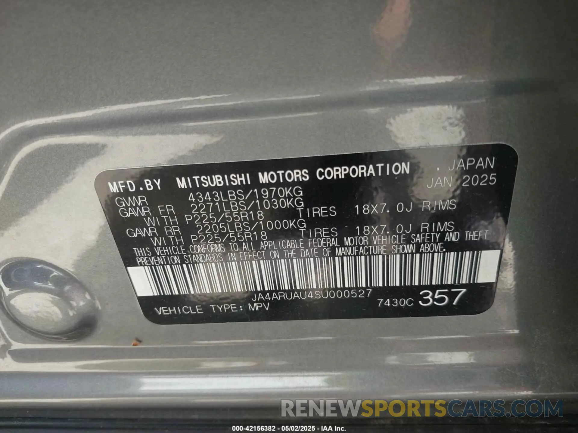 9 Photograph of a damaged car JA4ARUAU4SU000527 MITSUBISHI OUTLANDER SPORT 2025