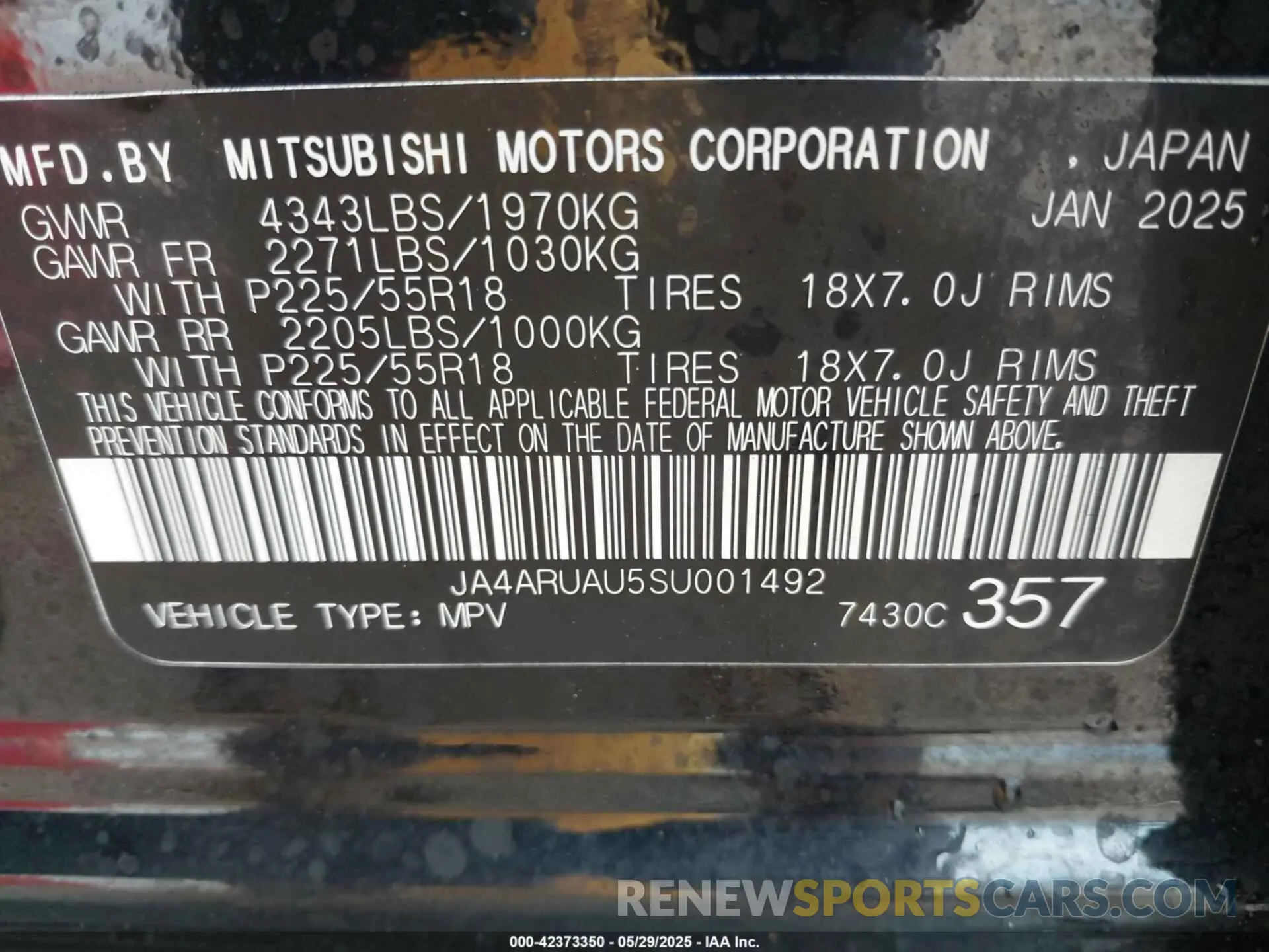 9 Photograph of a damaged car JA4ARUAU5SU001492 MITSUBISHI OUTLANDER SPORT 2025