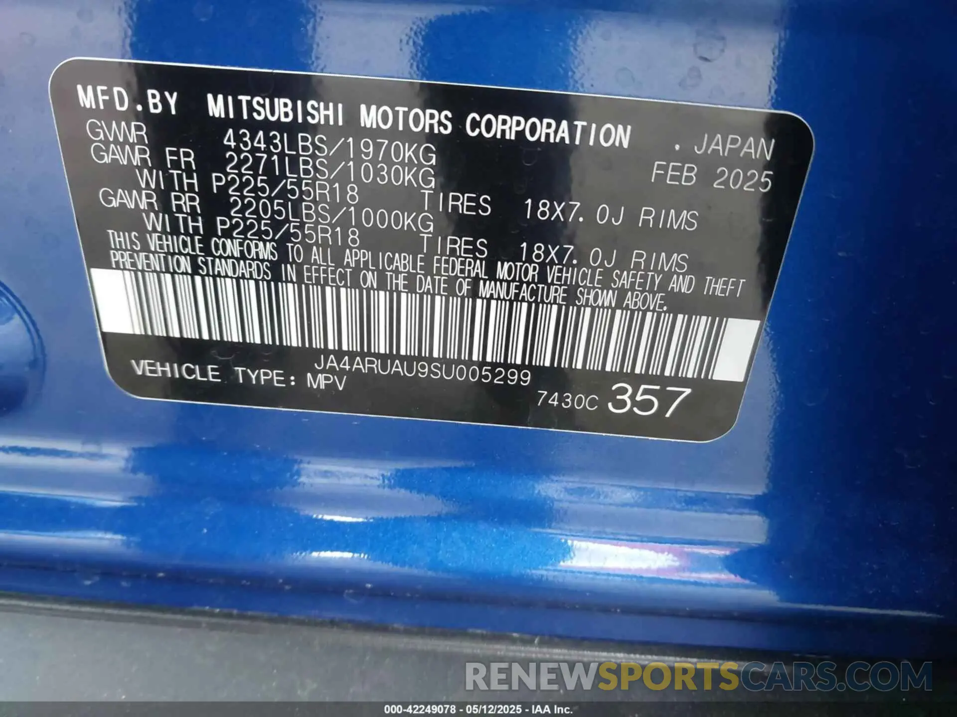 9 Photograph of a damaged car JA4ARUAU9SU005299 MITSUBISHI OUTLANDER SPORT 2025