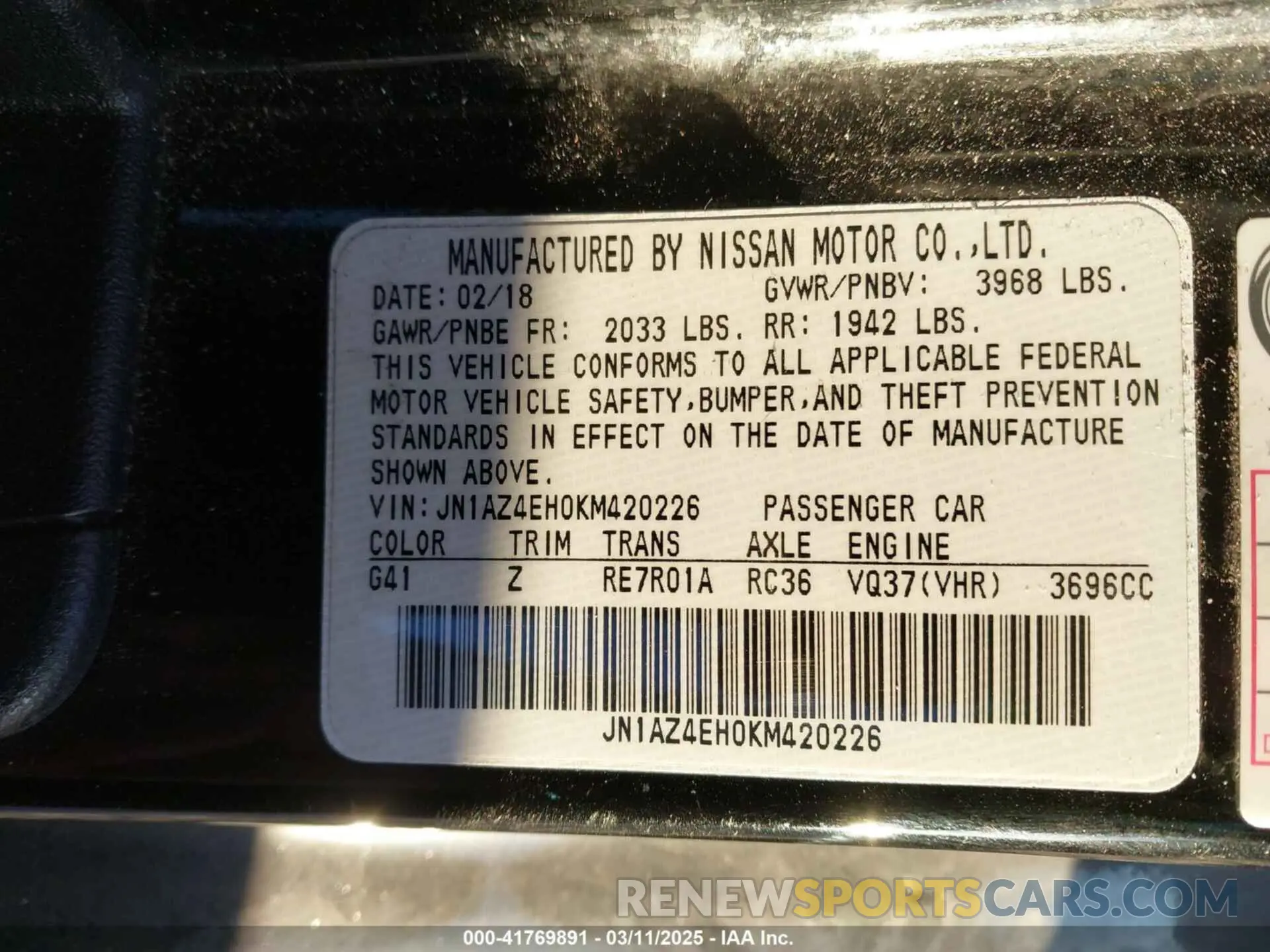 9 Photograph of a damaged car JN1AZ4EH0KM420226 NISSAN 370Z 2019