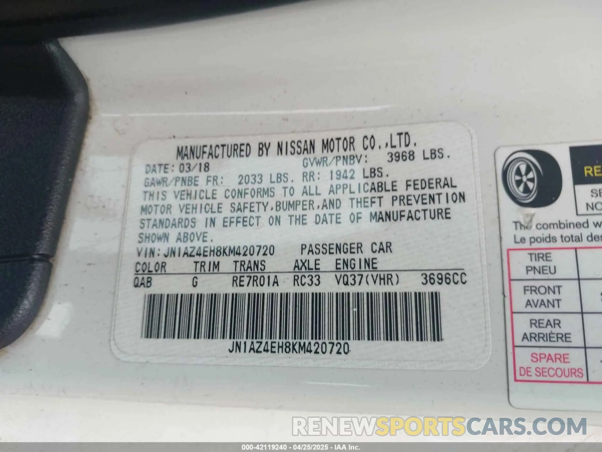 9 Photograph of a damaged car JN1AZ4EH8KM420720 NISSAN 370Z 2019