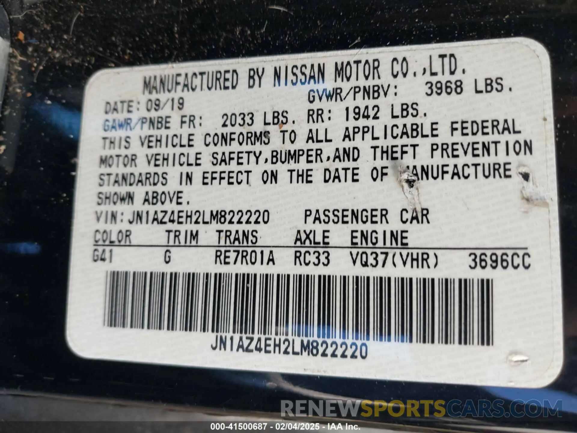 9 Photograph of a damaged car JN1AZ4EH2LM822220 NISSAN 370Z 2020