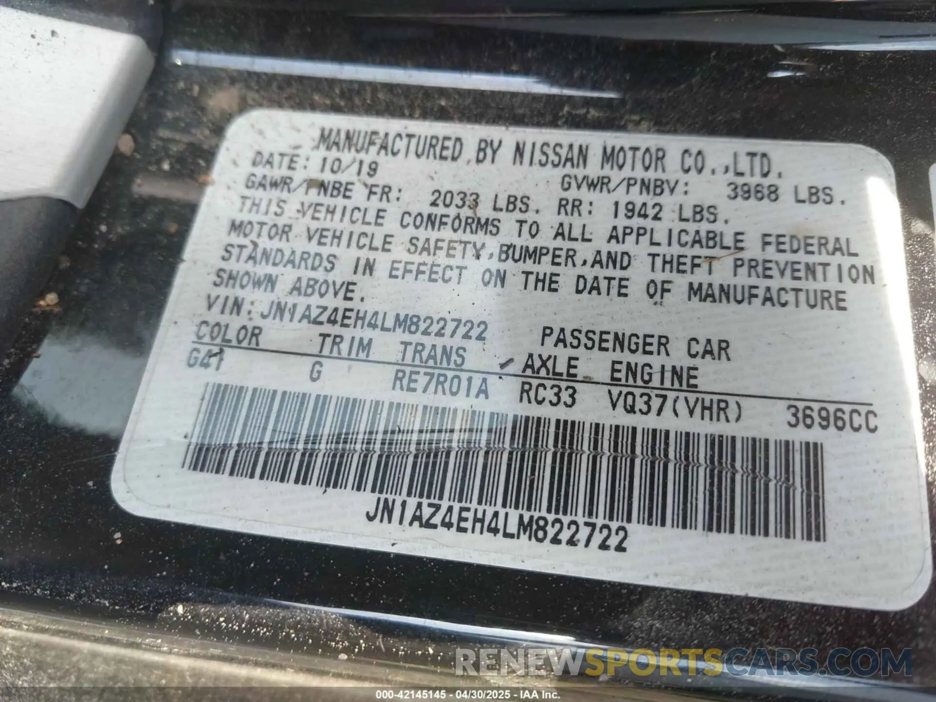 9 Photograph of a damaged car JN1AZ4EH4LM822722 NISSAN 370Z 2020