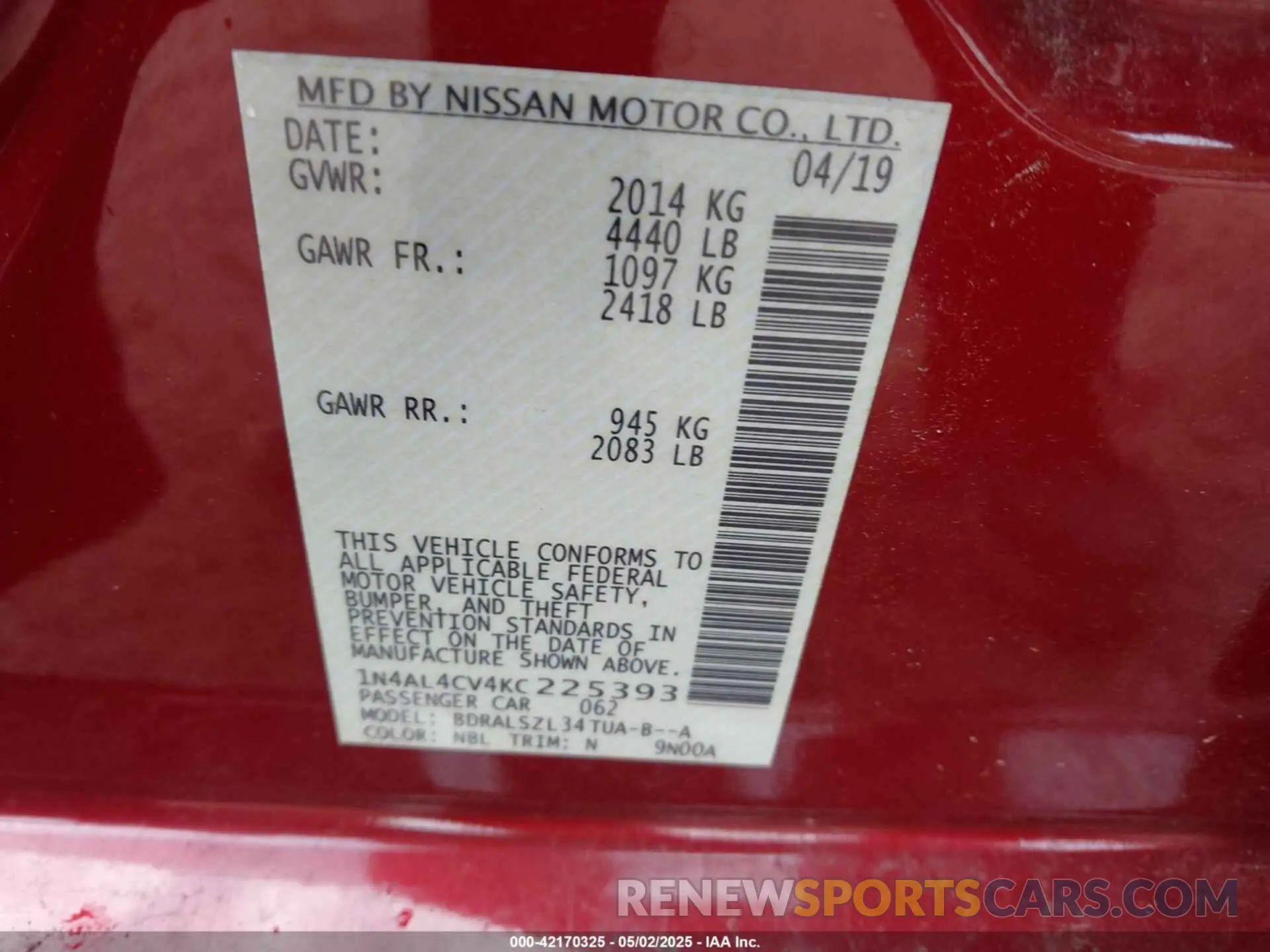 9 Photograph of a damaged car 1N4AL4CV4KC225393 NISSAN ALTIMA 2019