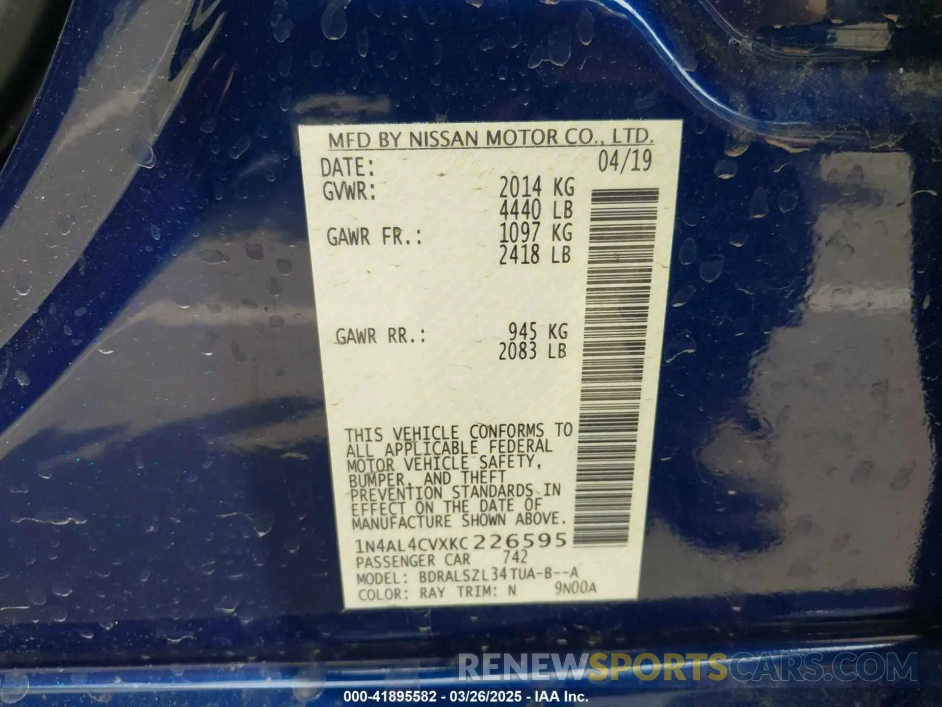 9 Photograph of a damaged car 1N4AL4CVXKC226595 NISSAN ALTIMA 2019