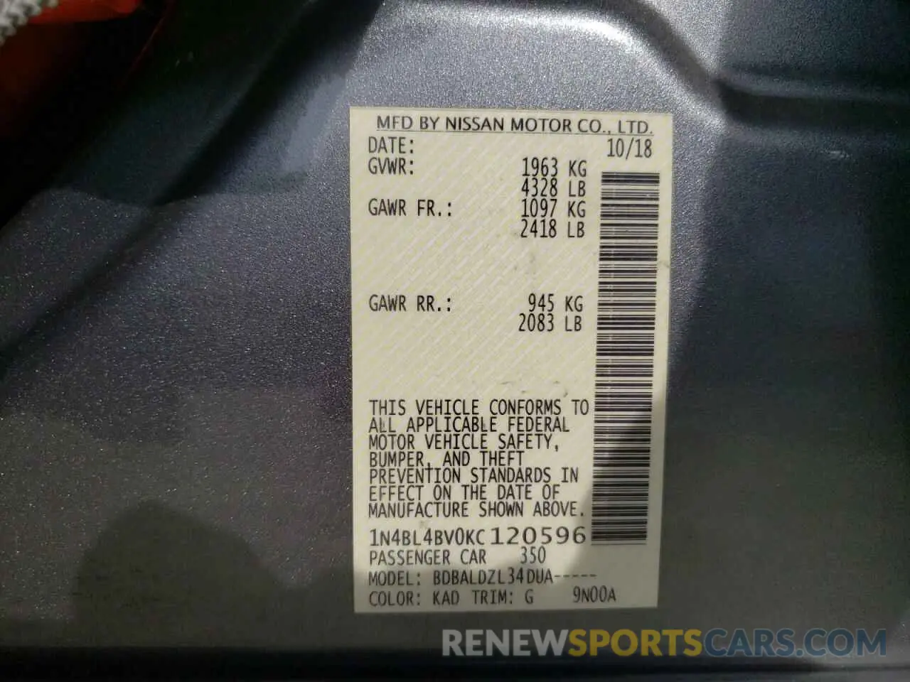 12 Photograph of a damaged car 1N4BL4BV0KC120596 NISSAN ALTIMA 2019