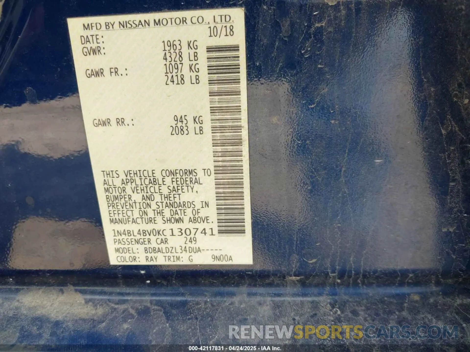 9 Photograph of a damaged car 1N4BL4BV0KC130741 NISSAN ALTIMA 2019