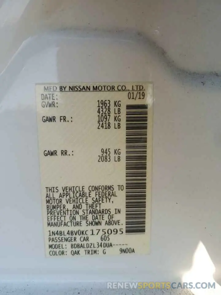 12 Photograph of a damaged car 1N4BL4BV0KC175095 NISSAN ALTIMA 2019