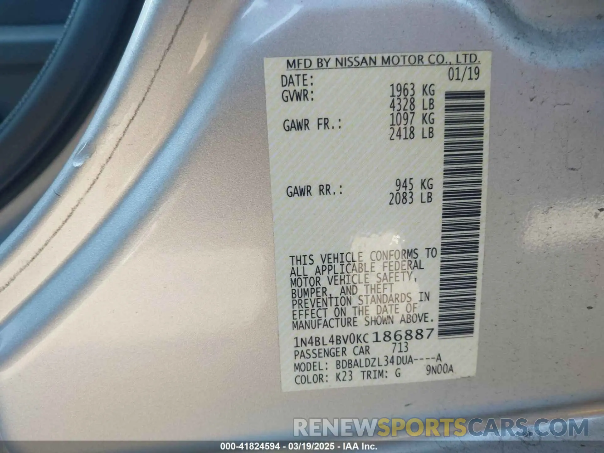 9 Photograph of a damaged car 1N4BL4BV0KC186887 NISSAN ALTIMA 2019