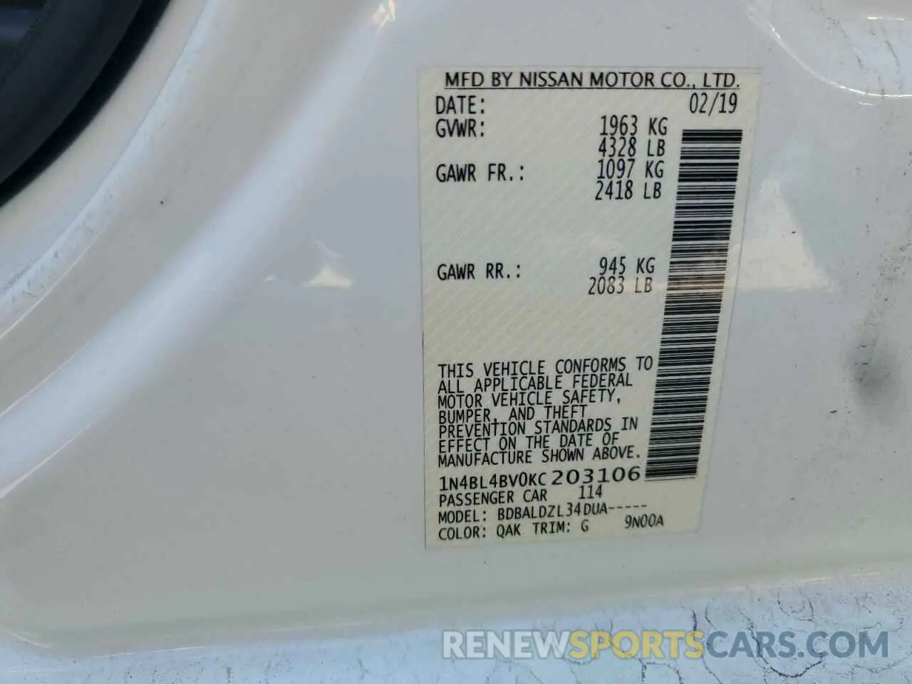 13 Photograph of a damaged car 1N4BL4BV0KC203106 NISSAN ALTIMA 2019