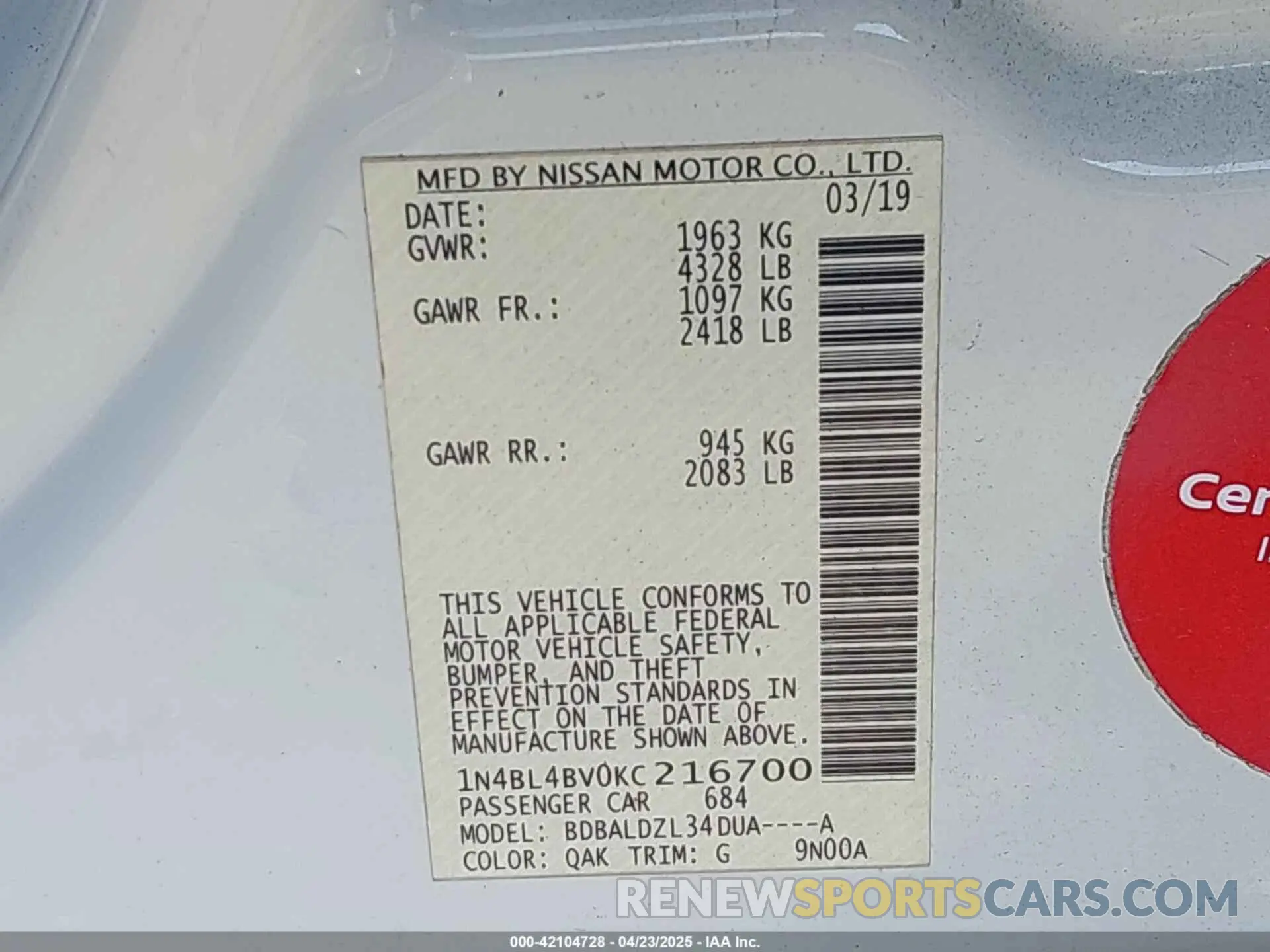 9 Photograph of a damaged car 1N4BL4BV0KC216700 NISSAN ALTIMA 2019