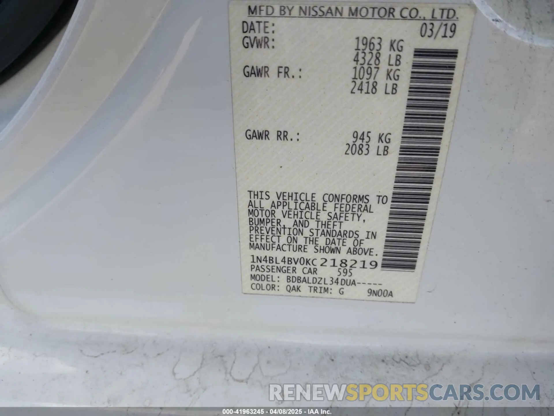 9 Photograph of a damaged car 1N4BL4BV0KC218219 NISSAN ALTIMA 2019