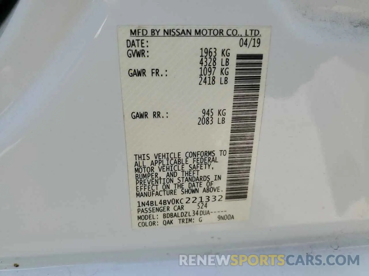 14 Photograph of a damaged car 1N4BL4BV0KC221332 NISSAN ALTIMA 2019