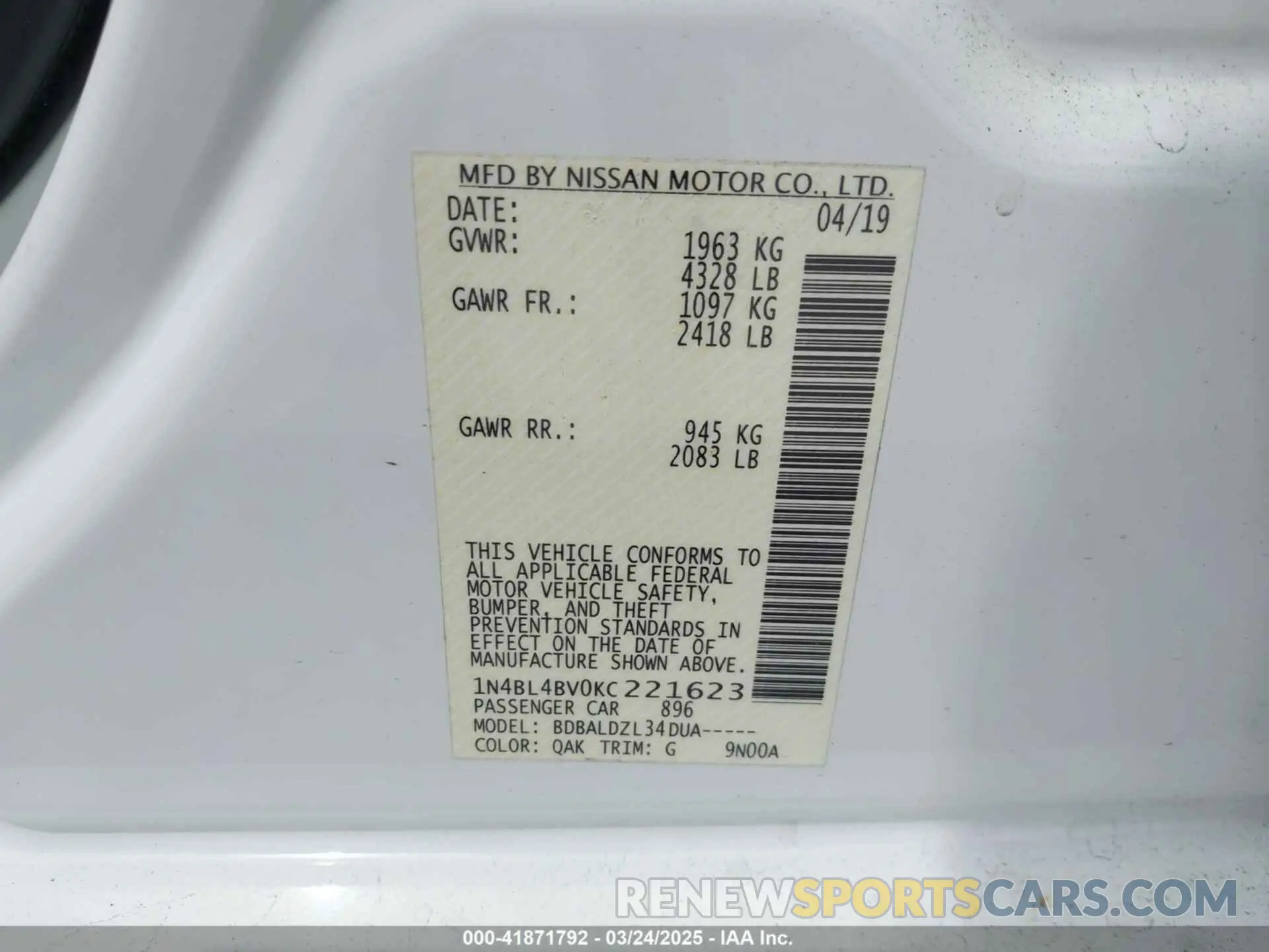 9 Photograph of a damaged car 1N4BL4BV0KC221623 NISSAN ALTIMA 2019