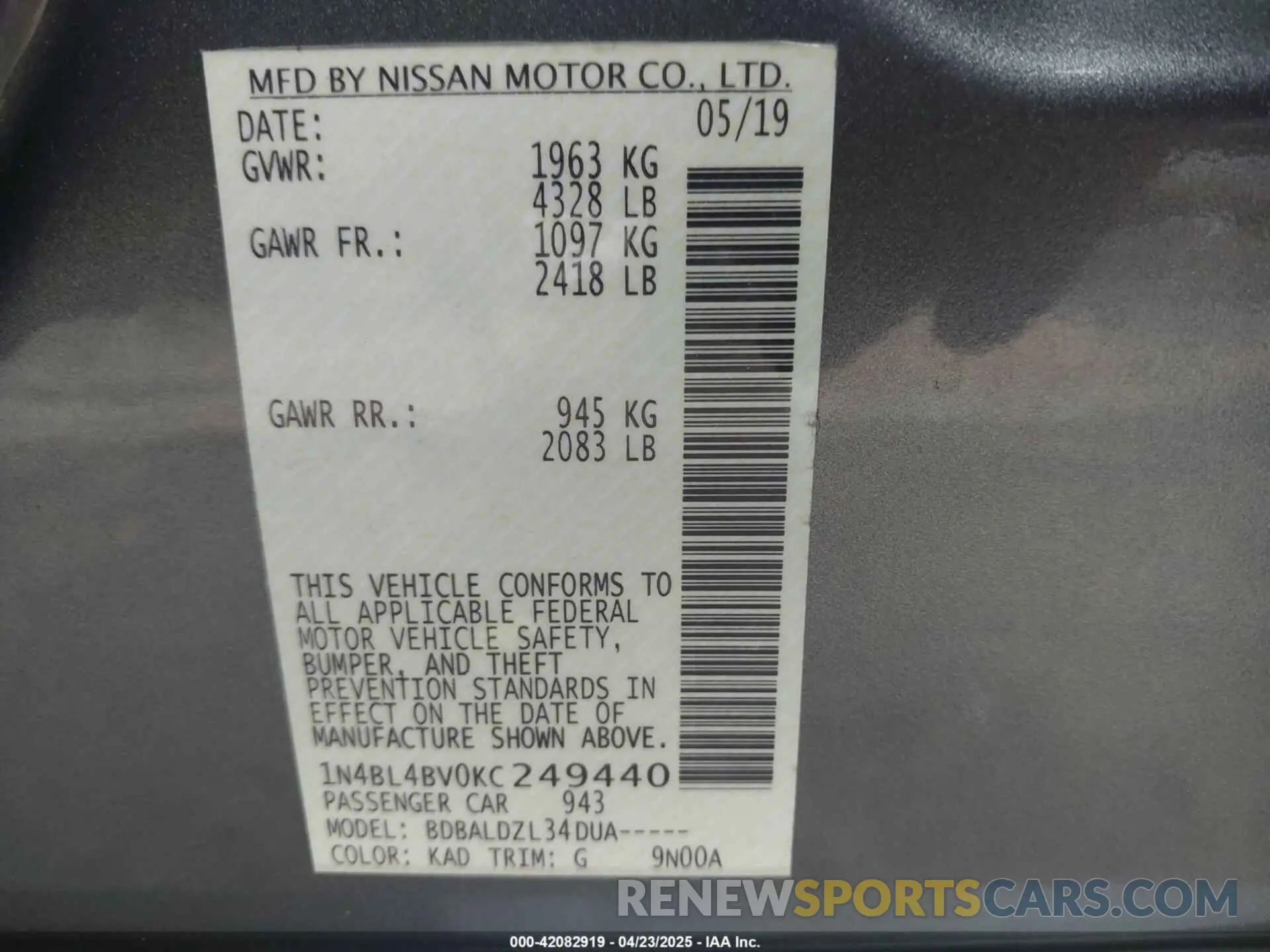 9 Photograph of a damaged car 1N4BL4BV0KC249440 NISSAN ALTIMA 2019