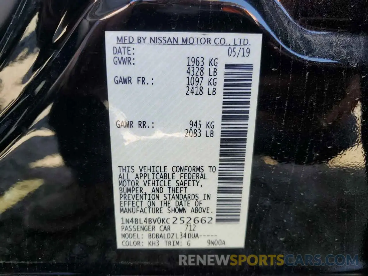 13 Photograph of a damaged car 1N4BL4BV0KC252662 NISSAN ALTIMA 2019