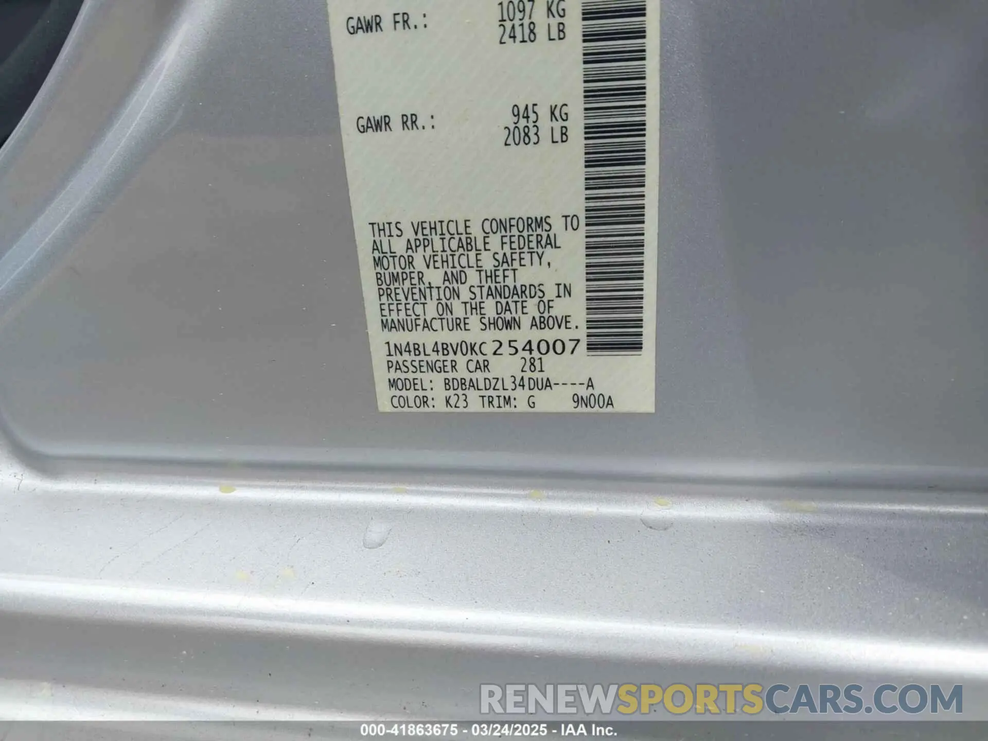 9 Photograph of a damaged car 1N4BL4BV0KC254007 NISSAN ALTIMA 2019