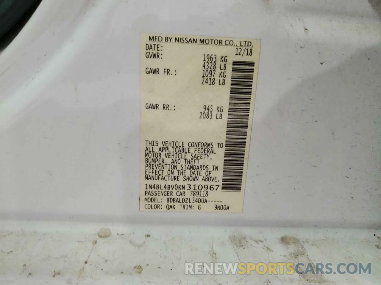 12 Photograph of a damaged car 1N4BL4BV0KN310967 NISSAN ALTIMA 2019