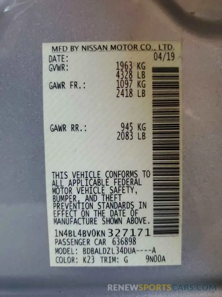 12 Photograph of a damaged car 1N4BL4BV0KN327171 NISSAN ALTIMA 2019