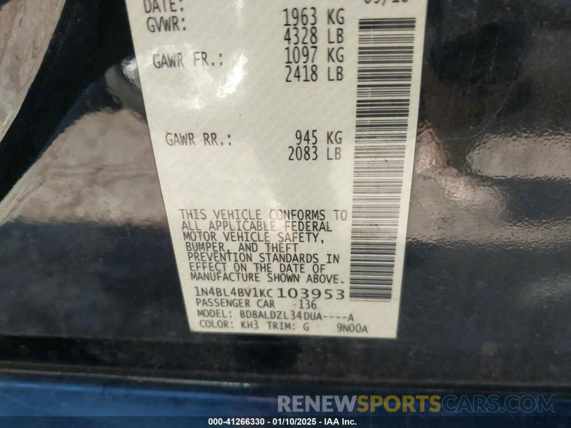 9 Photograph of a damaged car 1N4BL4BV1KC103953 NISSAN ALTIMA 2019