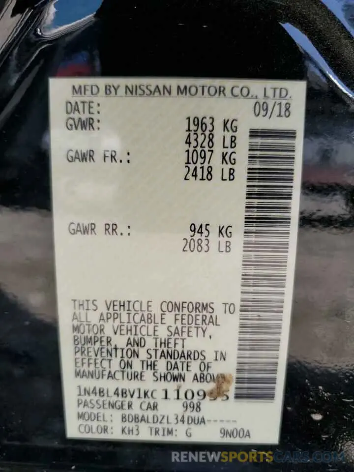 12 Photograph of a damaged car 1N4BL4BV1KC110935 NISSAN ALTIMA 2019
