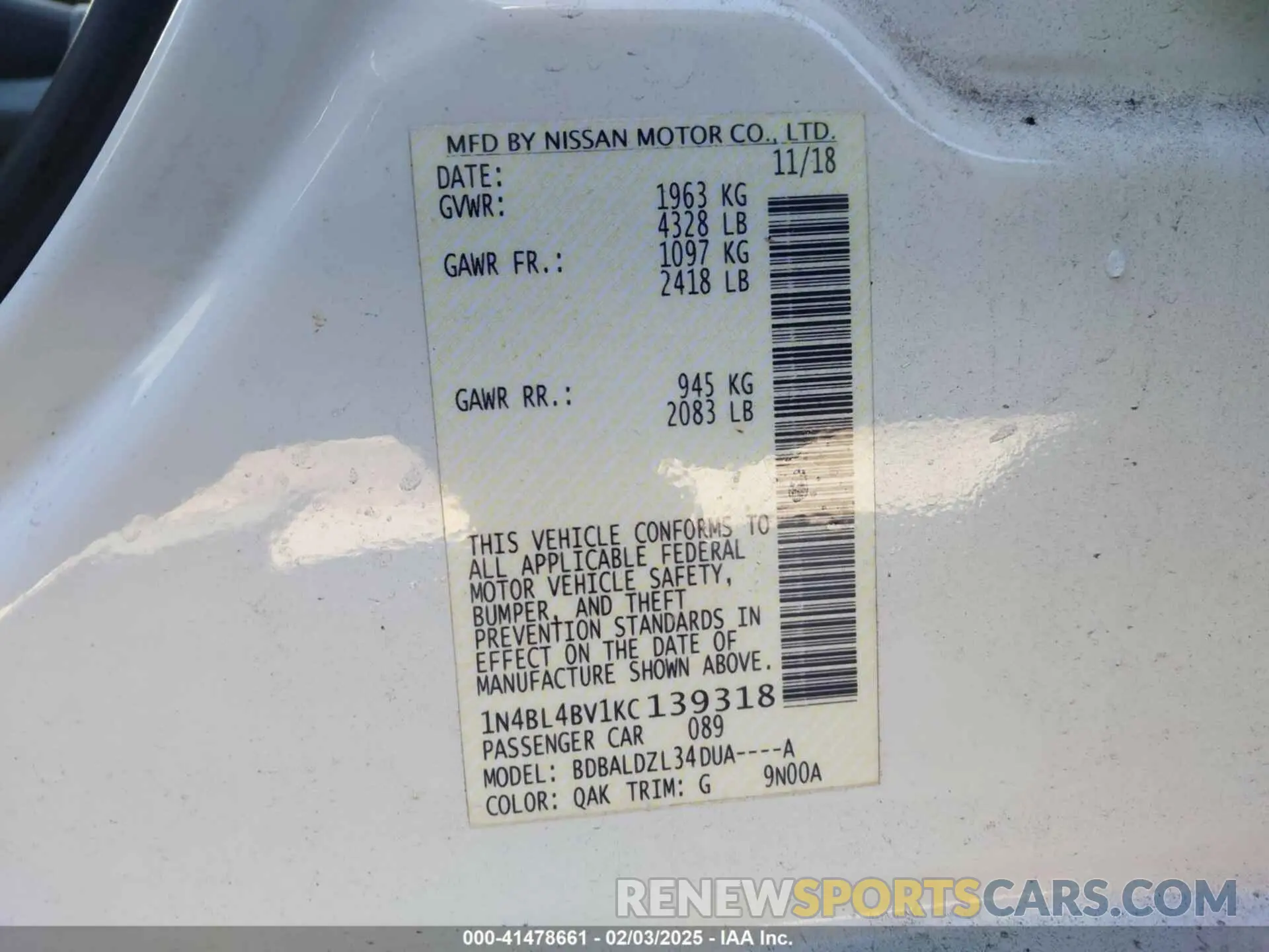9 Photograph of a damaged car 1N4BL4BV1KC139318 NISSAN ALTIMA 2019