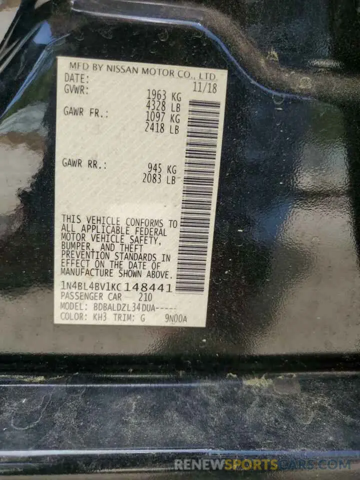 12 Photograph of a damaged car 1N4BL4BV1KC148441 NISSAN ALTIMA 2019
