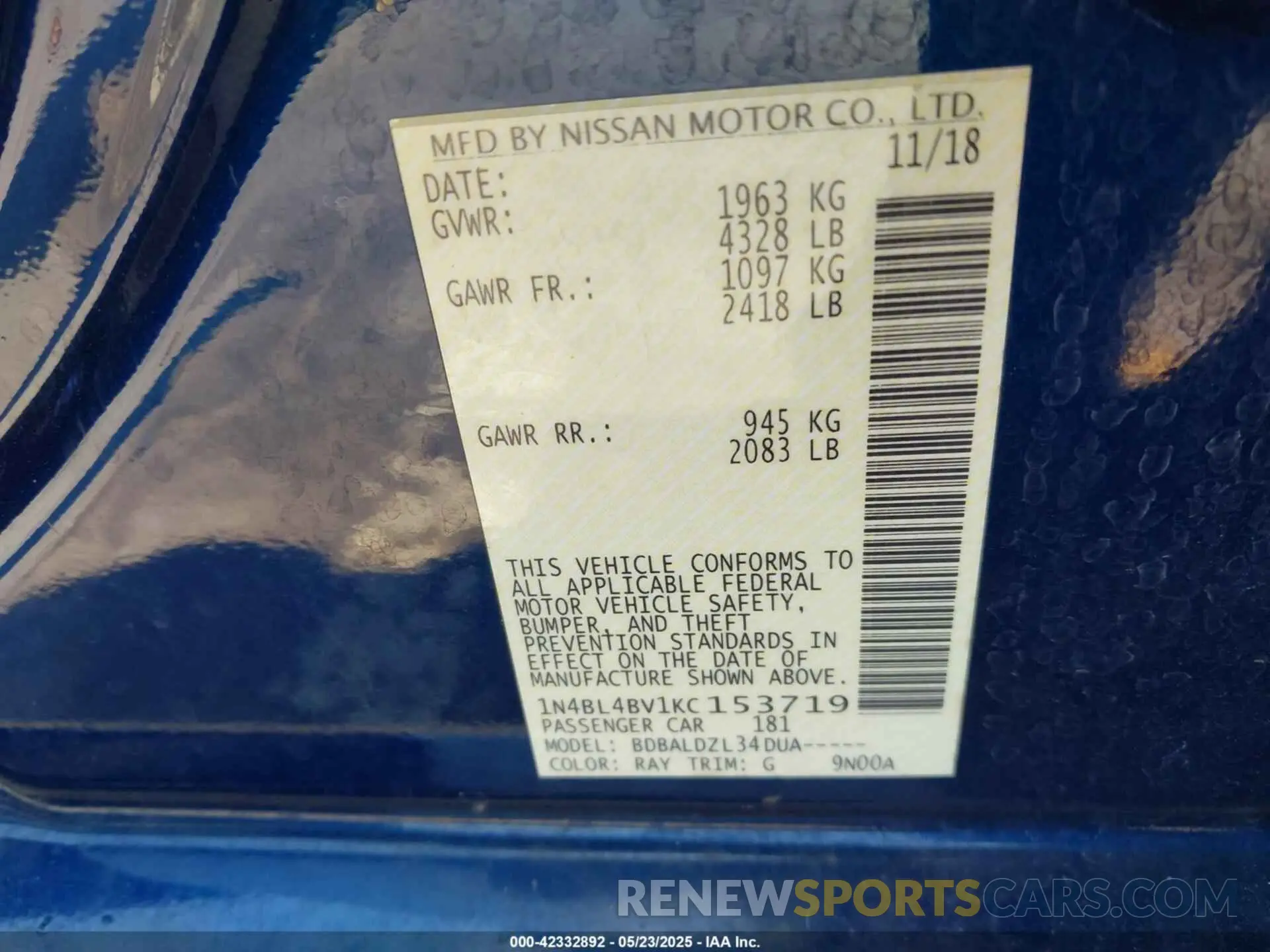 9 Photograph of a damaged car 1N4BL4BV1KC153719 NISSAN ALTIMA 2019
