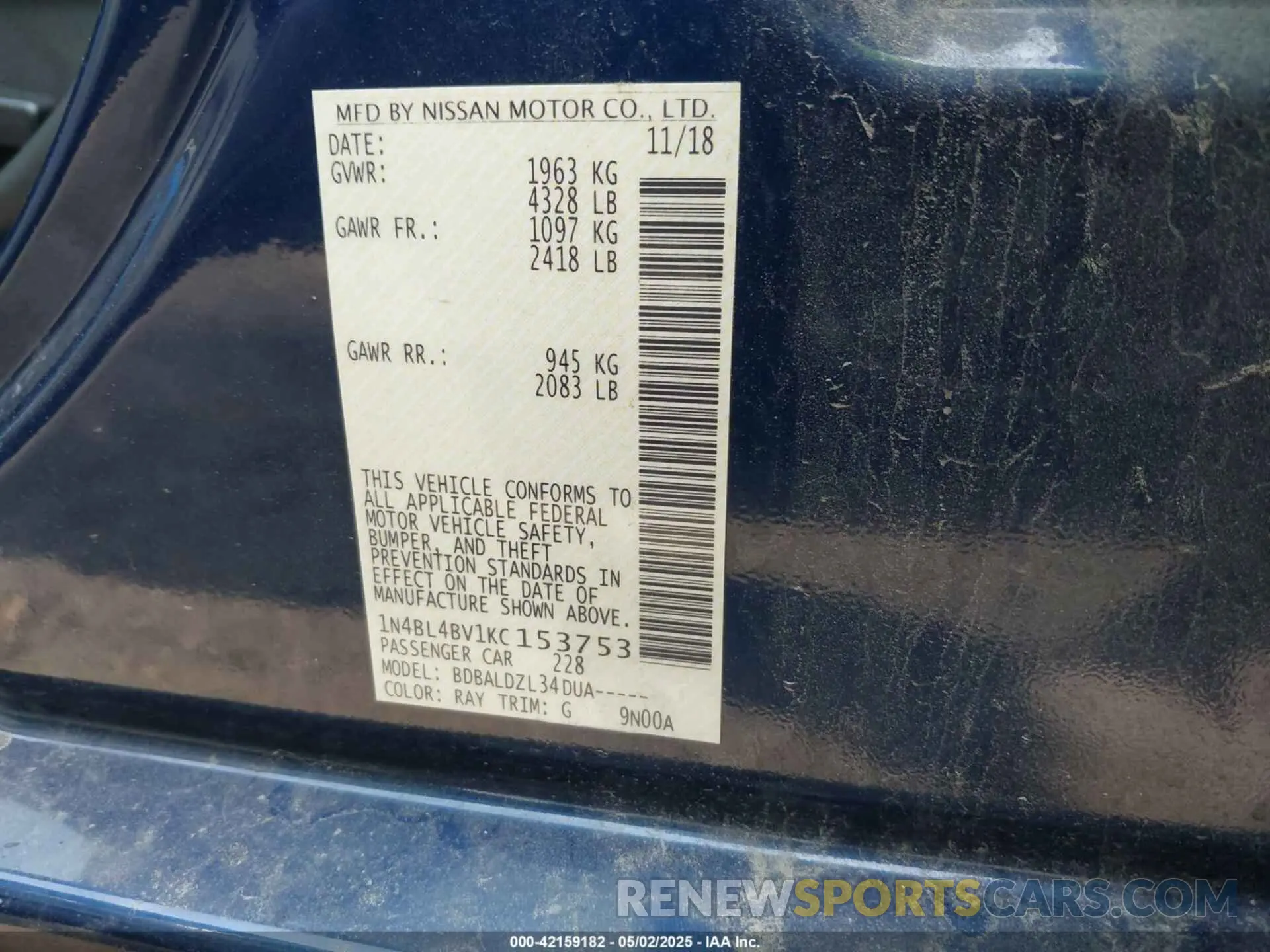 9 Photograph of a damaged car 1N4BL4BV1KC153753 NISSAN ALTIMA 2019
