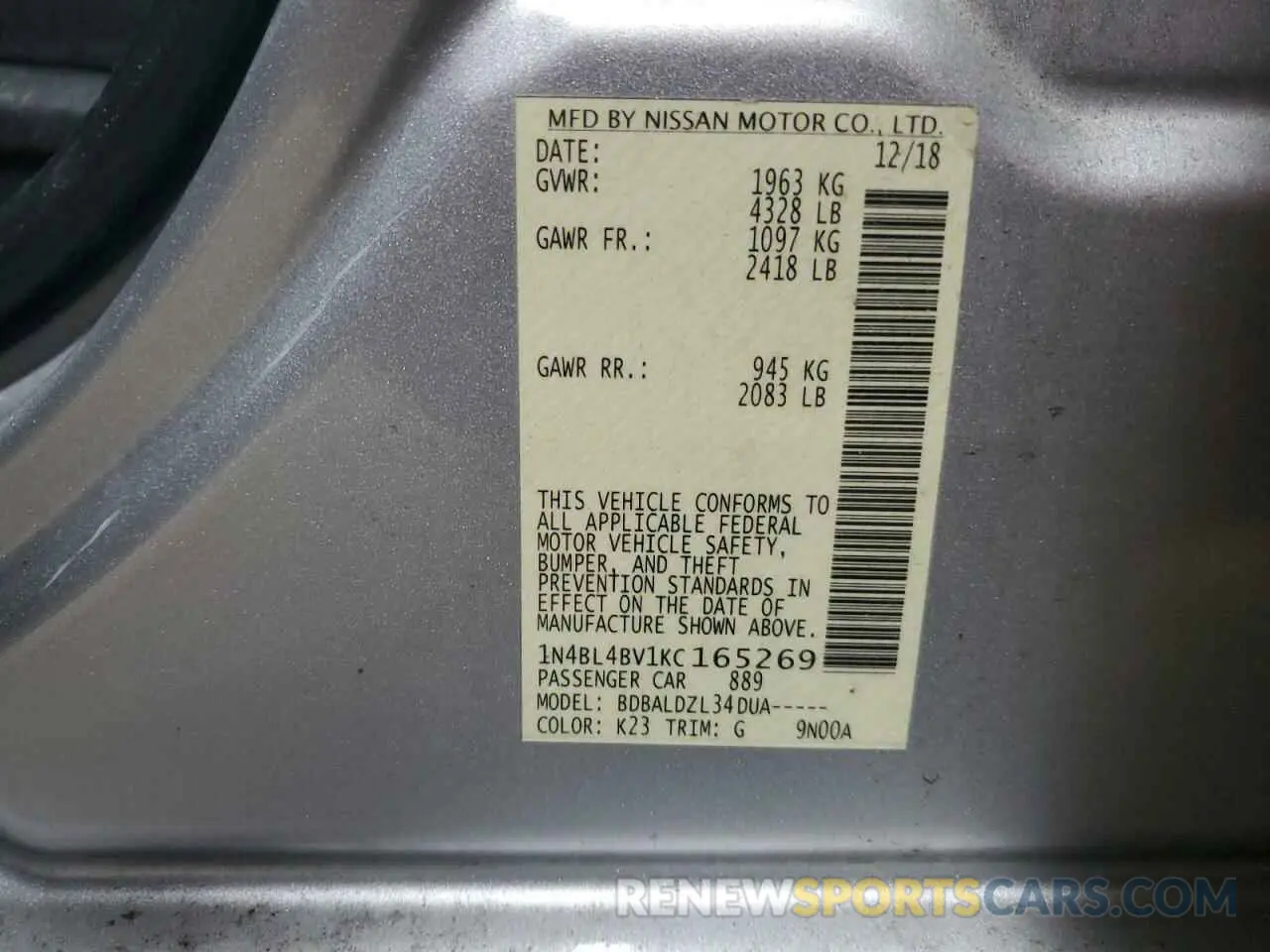 13 Photograph of a damaged car 1N4BL4BV1KC165269 NISSAN ALTIMA 2019