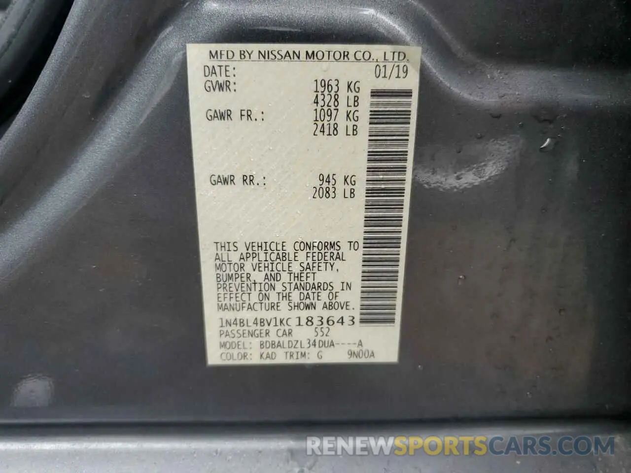 12 Photograph of a damaged car 1N4BL4BV1KC183643 NISSAN ALTIMA 2019