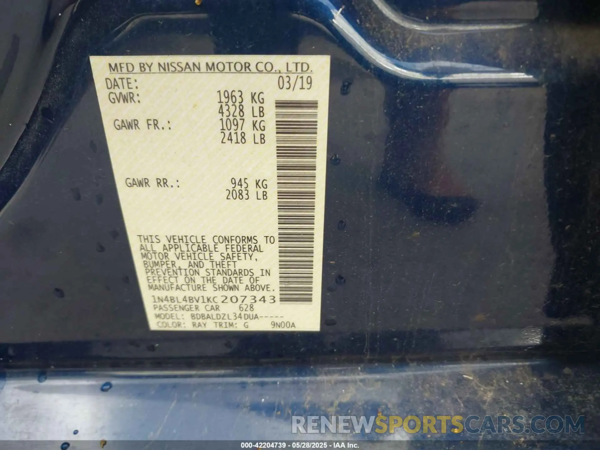 9 Photograph of a damaged car 1N4BL4BV1KC207343 NISSAN ALTIMA 2019