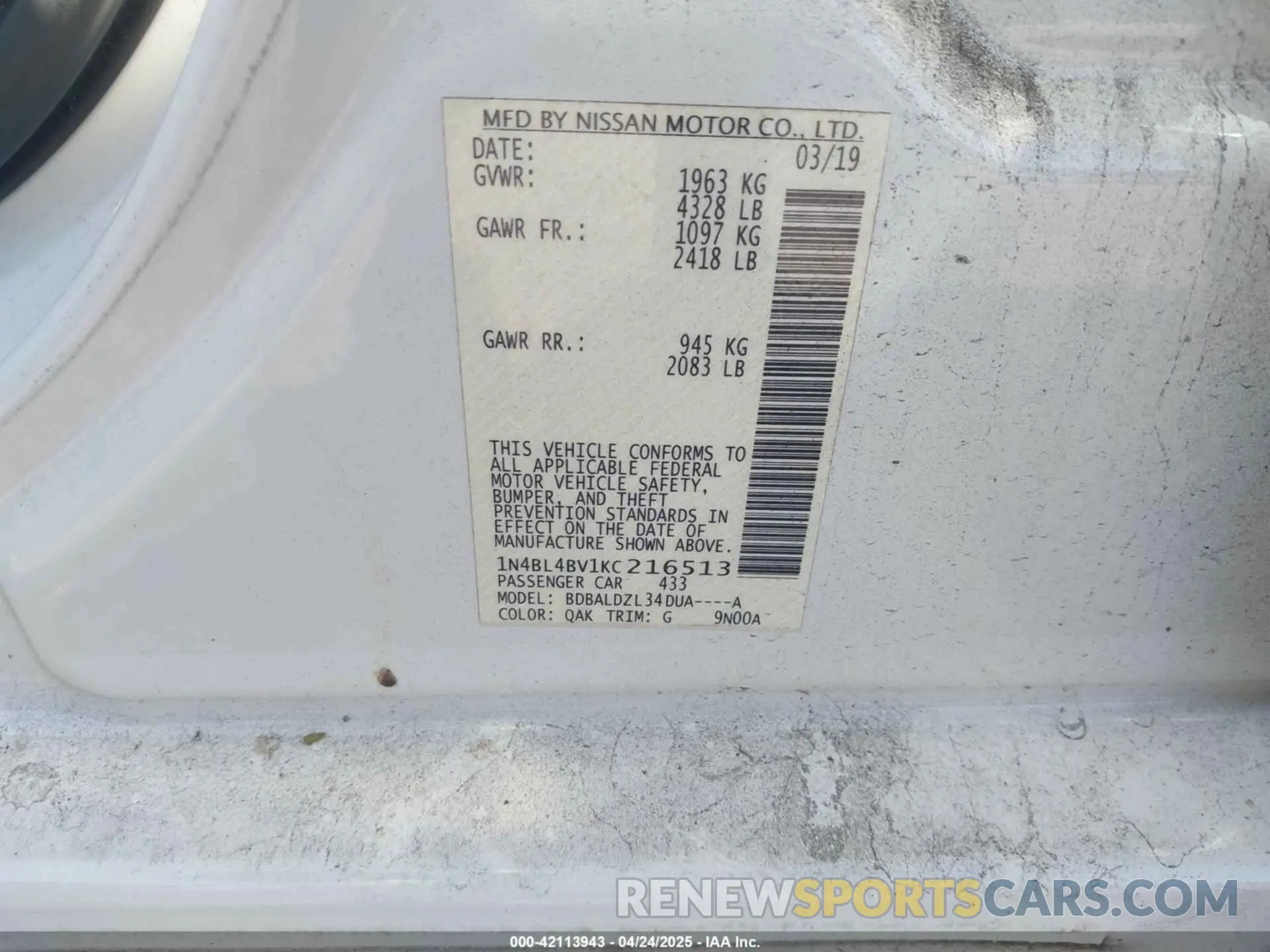 9 Photograph of a damaged car 1N4BL4BV1KC216513 NISSAN ALTIMA 2019