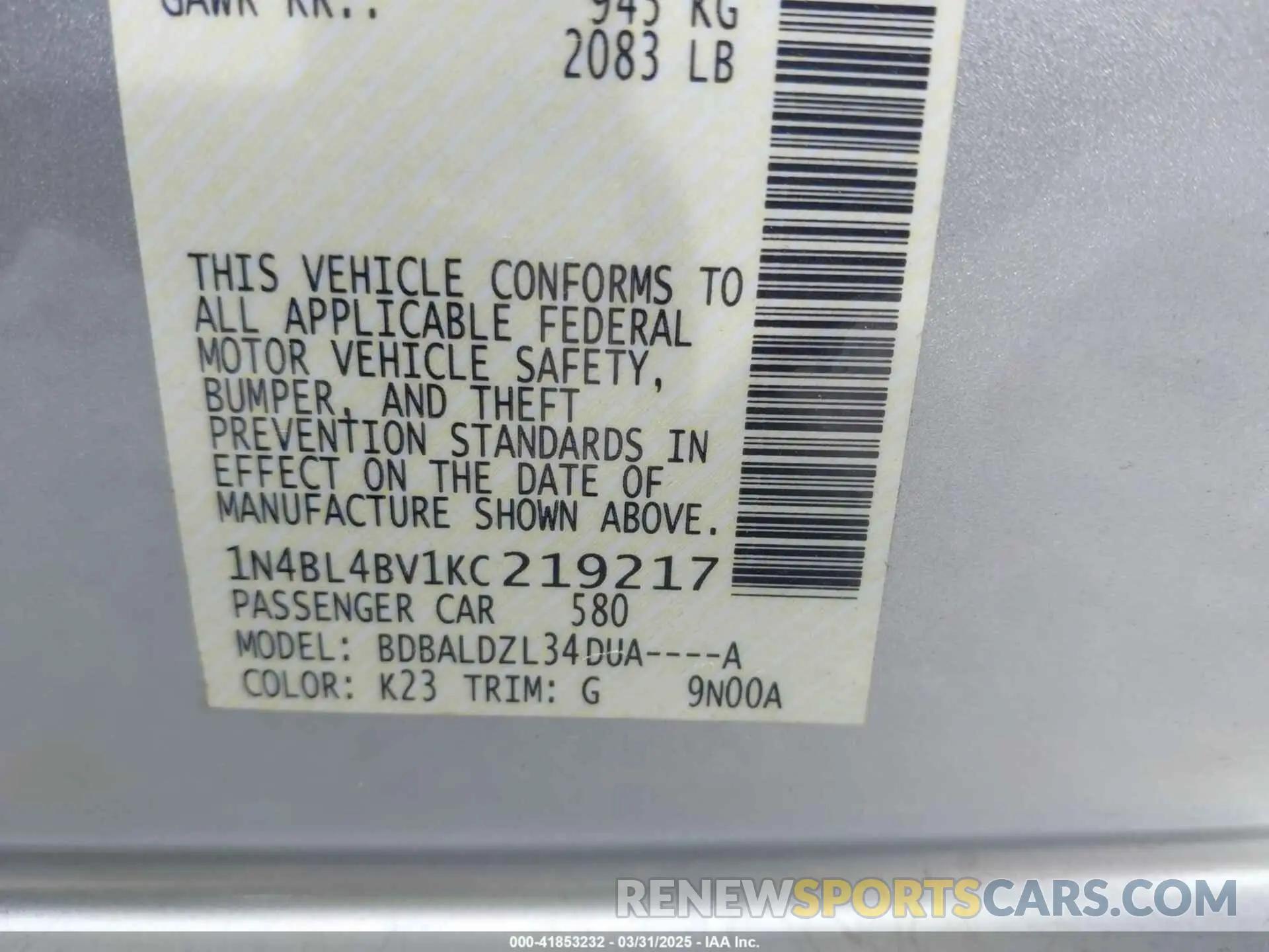 9 Photograph of a damaged car 1N4BL4BV1KC219217 NISSAN ALTIMA 2019