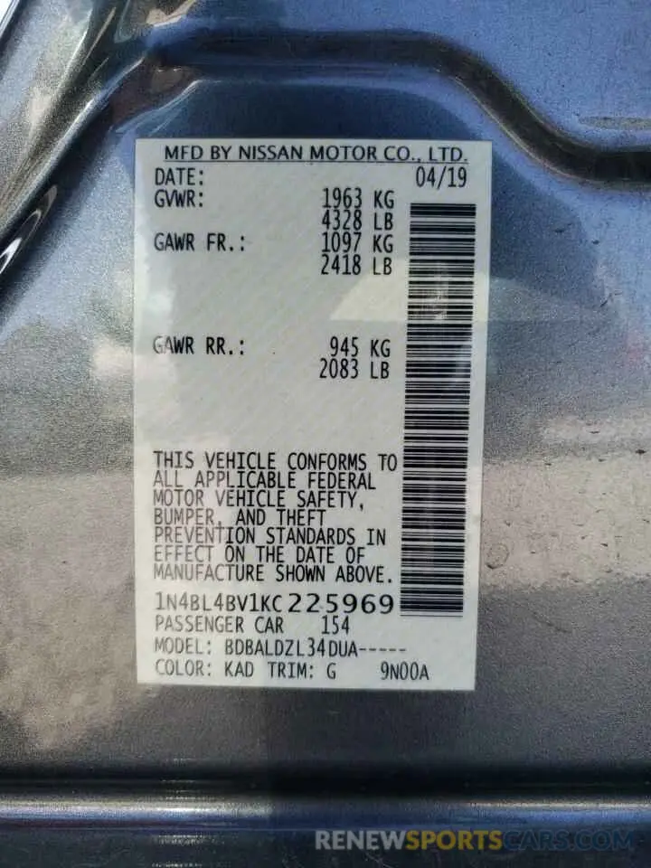 15 Photograph of a damaged car 1N4BL4BV1KC225969 NISSAN ALTIMA 2019