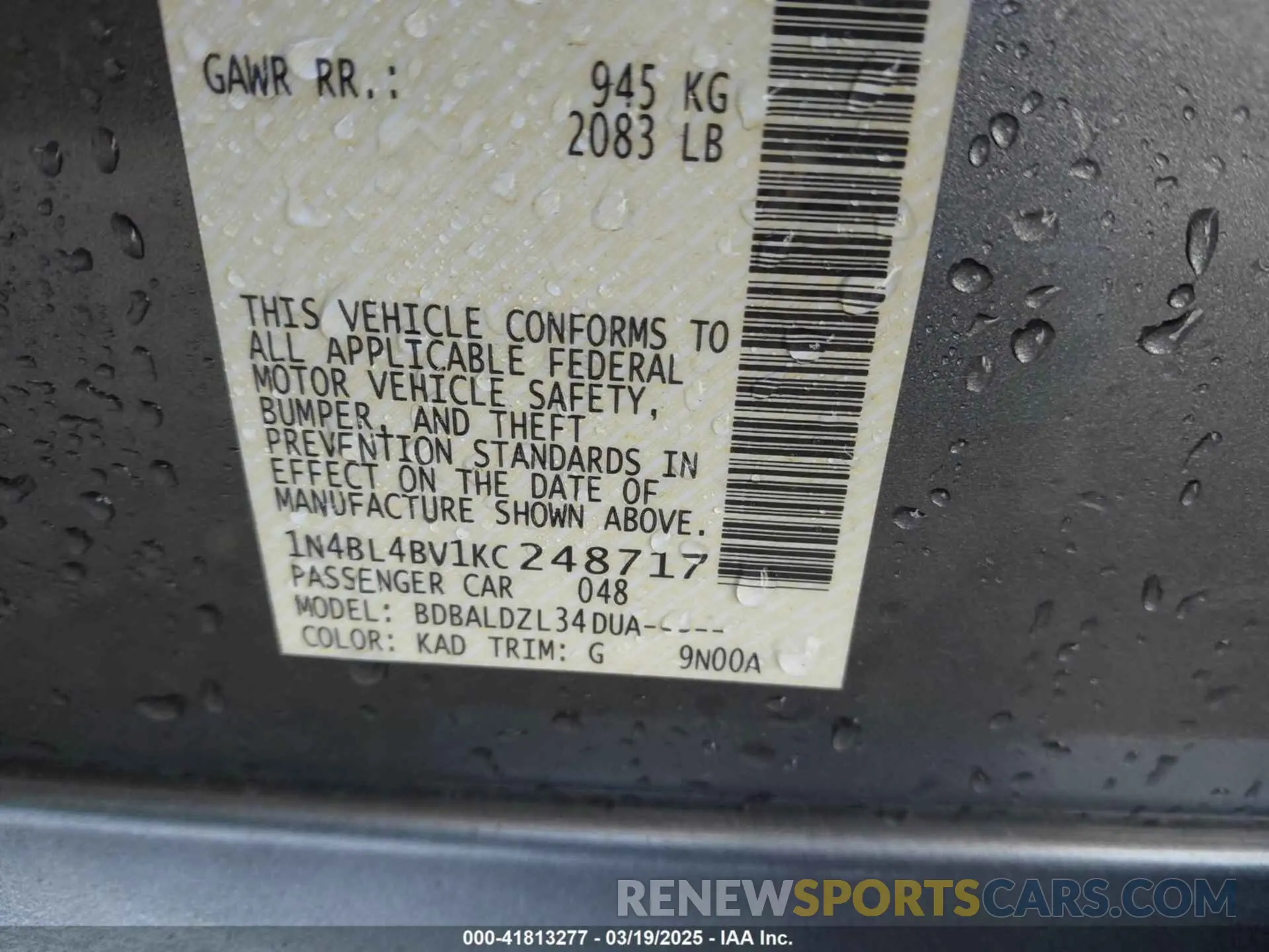 9 Photograph of a damaged car 1N4BL4BV1KC248717 NISSAN ALTIMA 2019