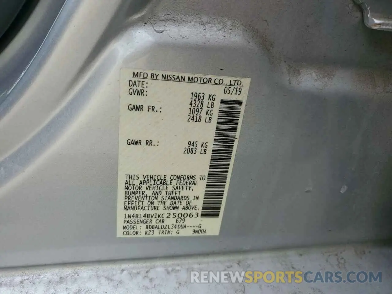 12 Photograph of a damaged car 1N4BL4BV1KC250063 NISSAN ALTIMA 2019