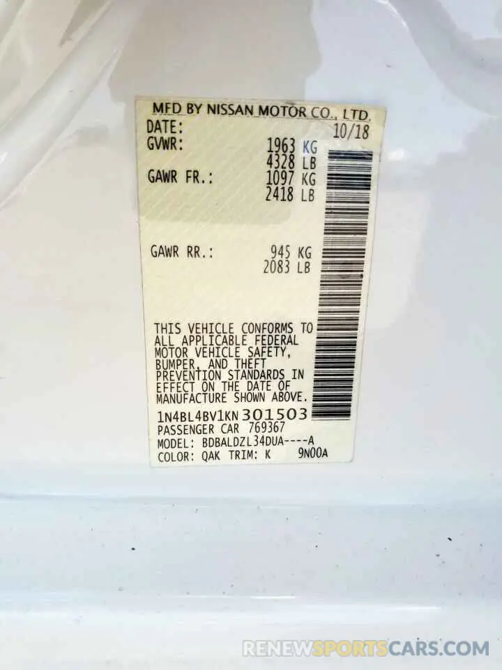 13 Photograph of a damaged car 1N4BL4BV1KN301503 NISSAN ALTIMA 2019
