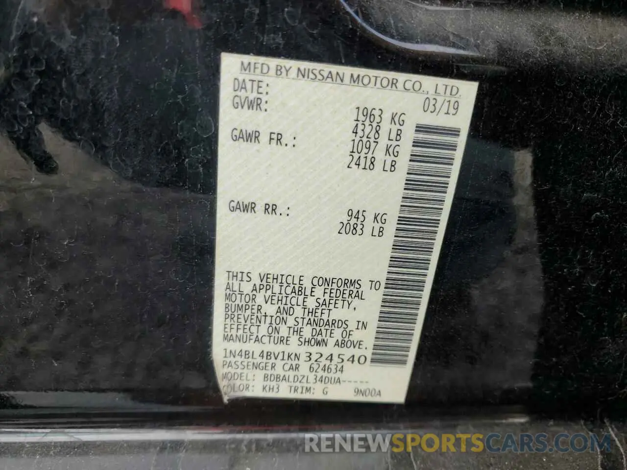 12 Photograph of a damaged car 1N4BL4BV1KN324540 NISSAN ALTIMA 2019