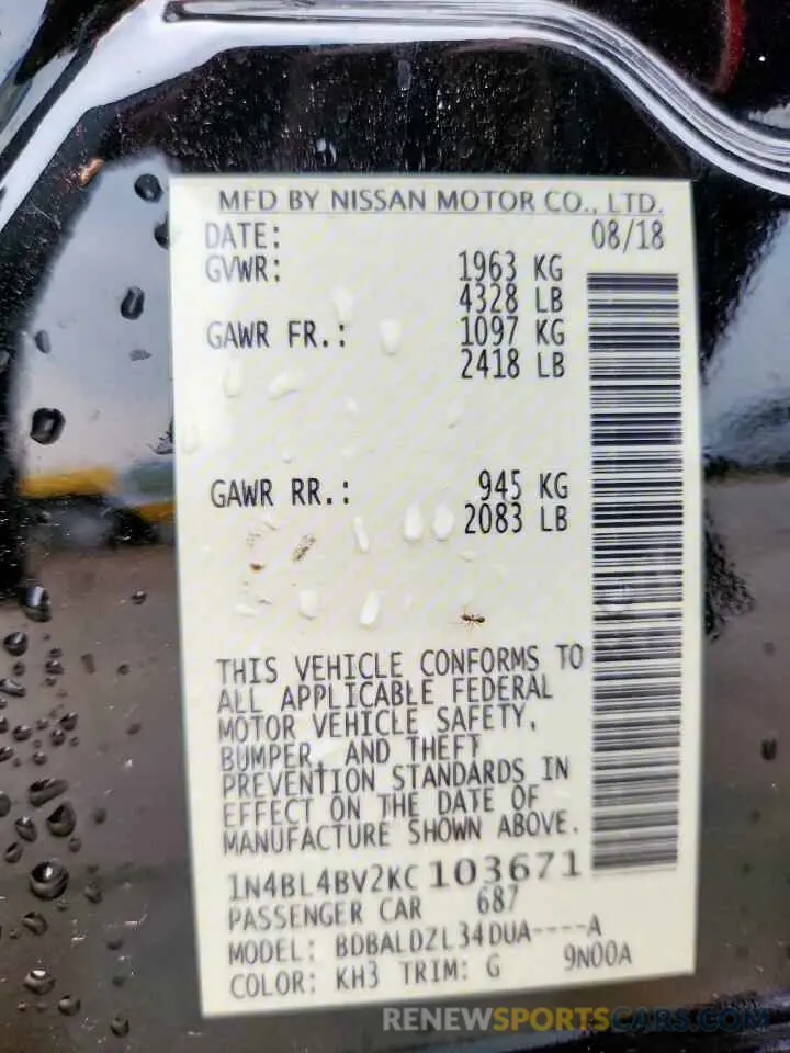 13 Photograph of a damaged car 1N4BL4BV2KC103671 NISSAN ALTIMA 2019