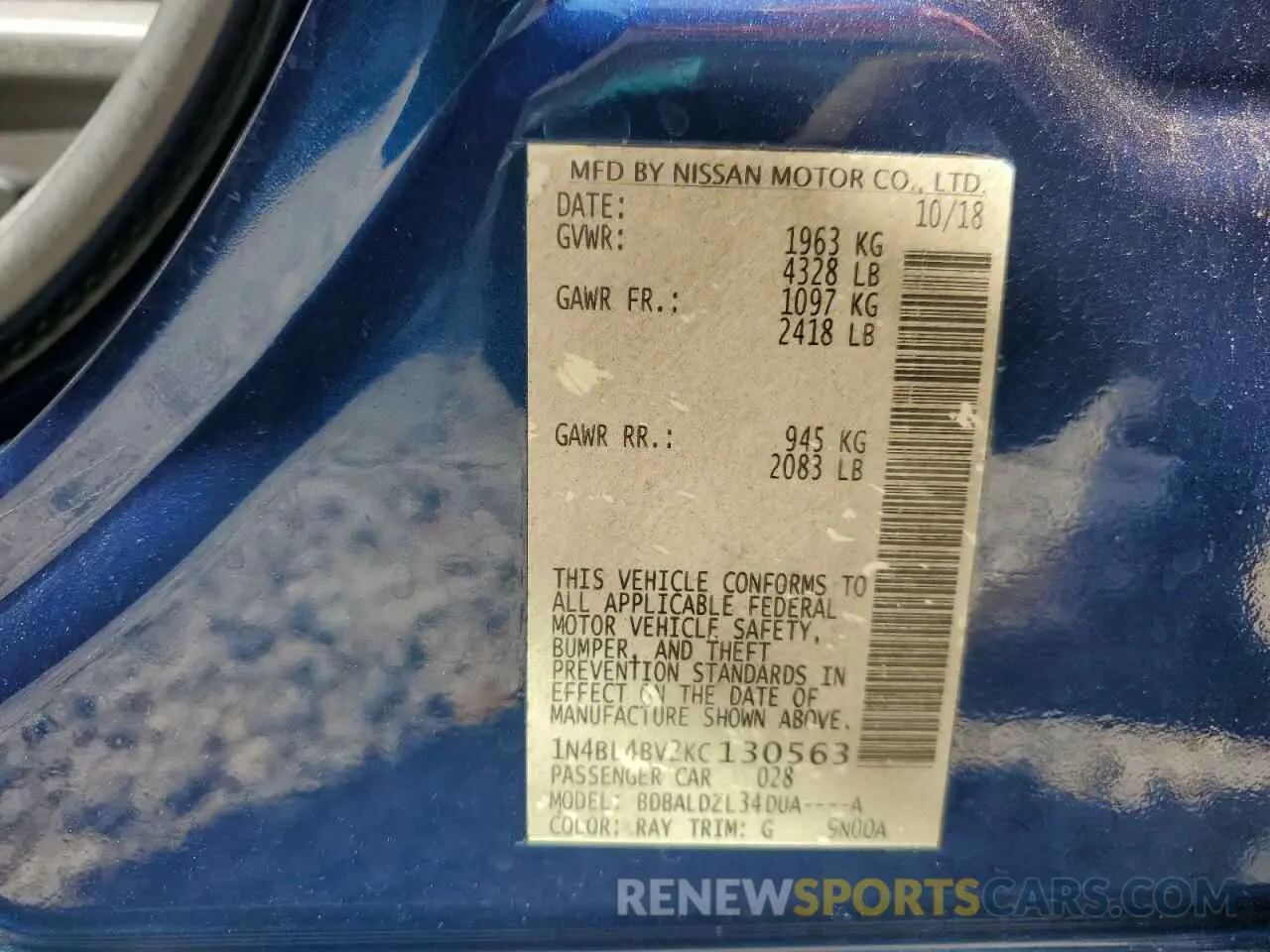 13 Photograph of a damaged car 1N4BL4BV2KC130563 NISSAN ALTIMA 2019