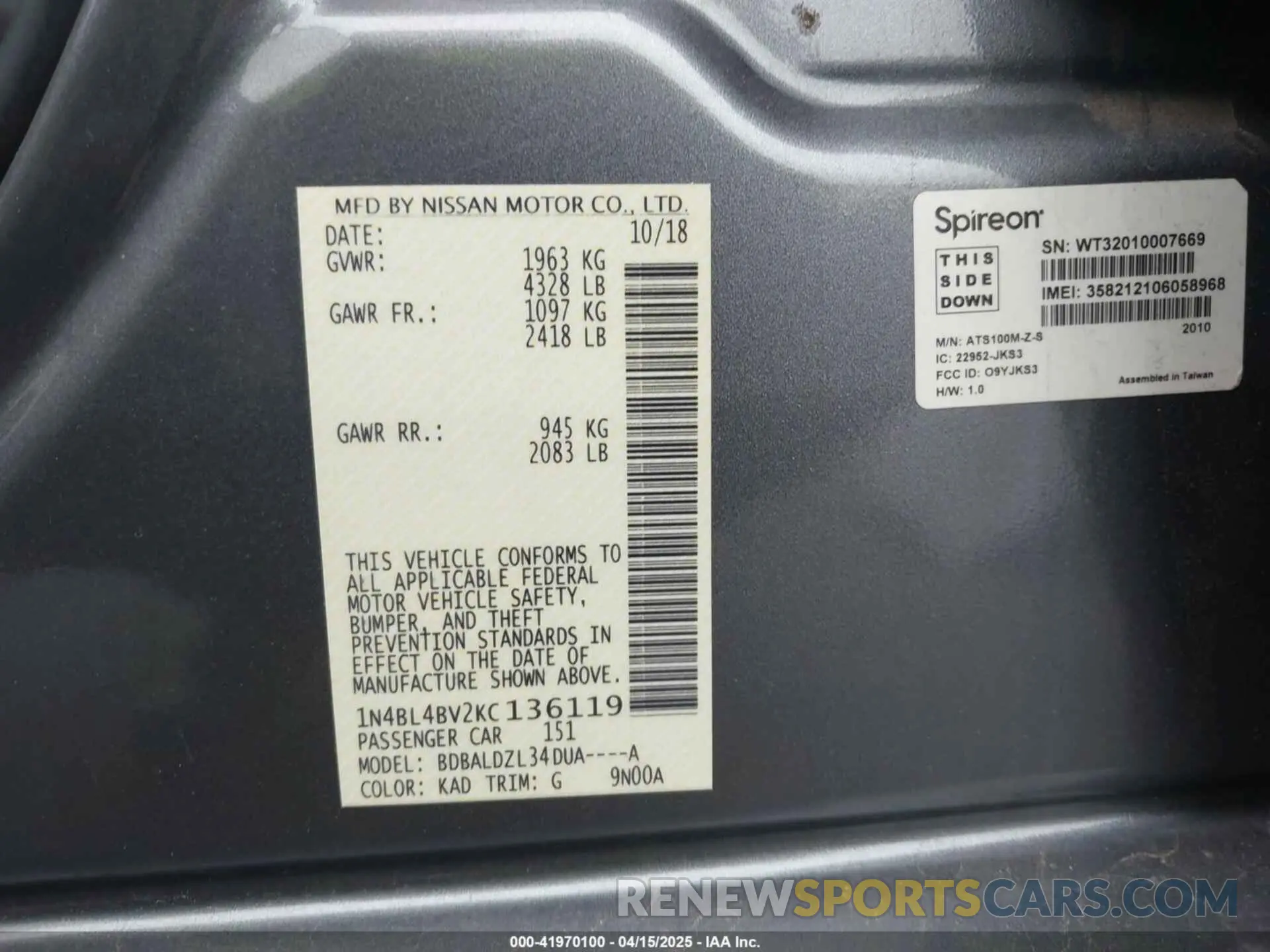 9 Photograph of a damaged car 1N4BL4BV2KC136119 NISSAN ALTIMA 2019