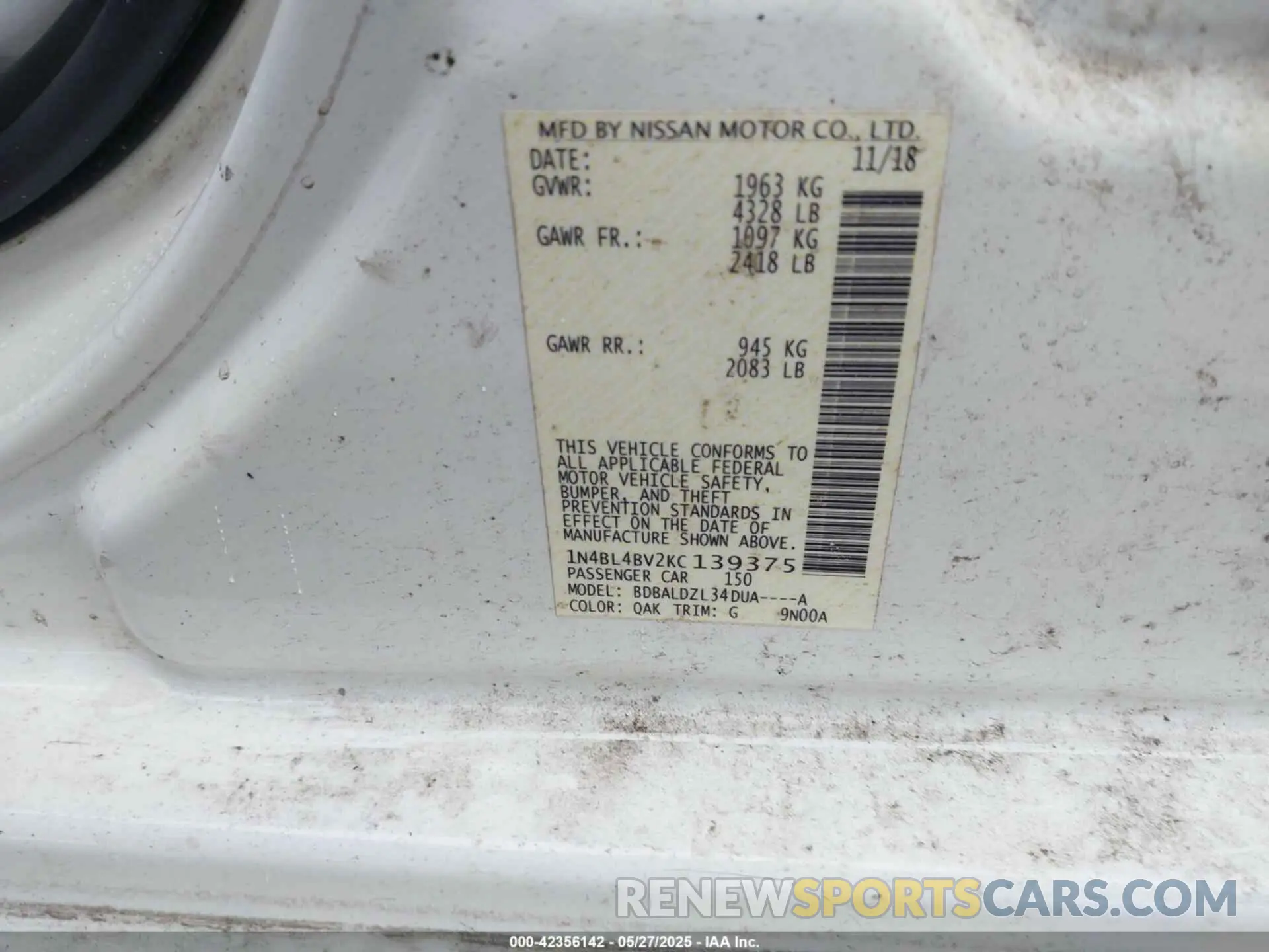 9 Photograph of a damaged car 1N4BL4BV2KC139375 NISSAN ALTIMA 2019