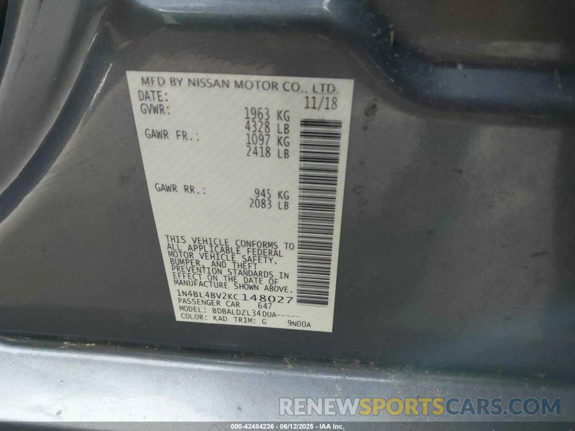 9 Photograph of a damaged car 1N4BL4BV2KC148027 NISSAN ALTIMA 2019