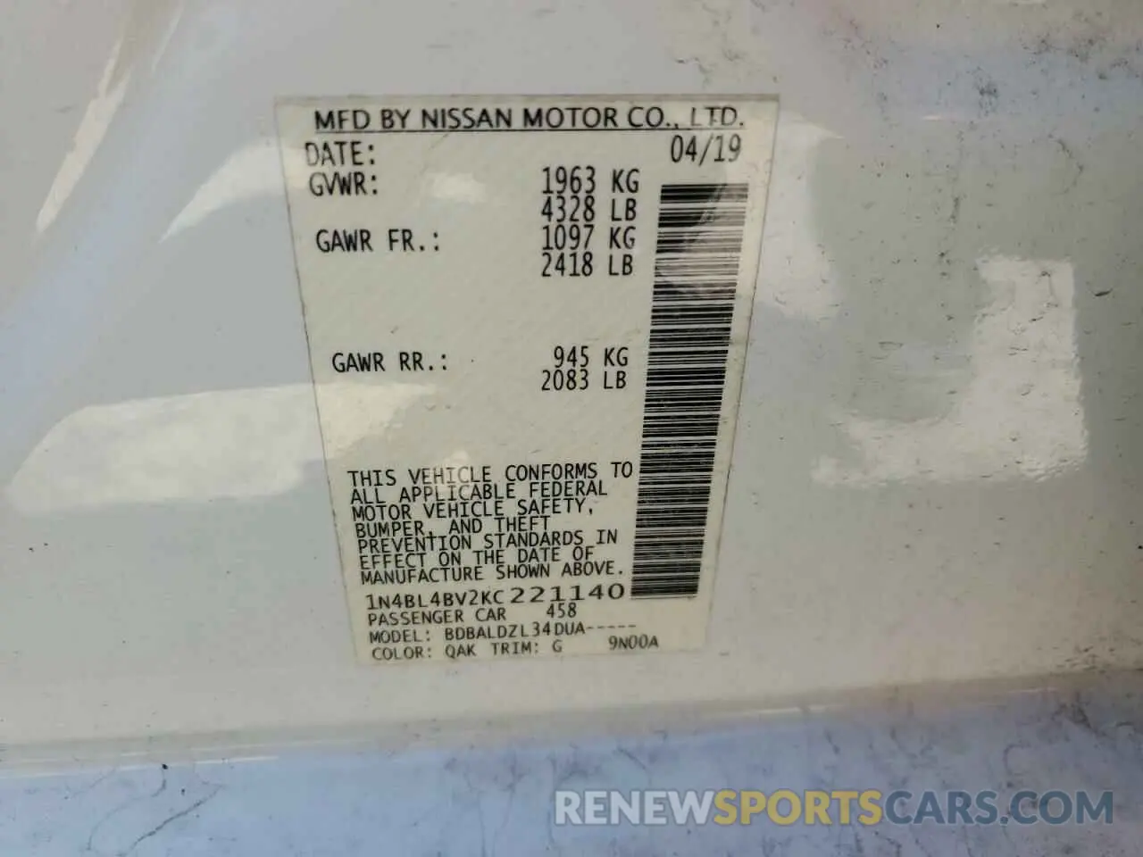 12 Photograph of a damaged car 1N4BL4BV2KC221140 NISSAN ALTIMA 2019