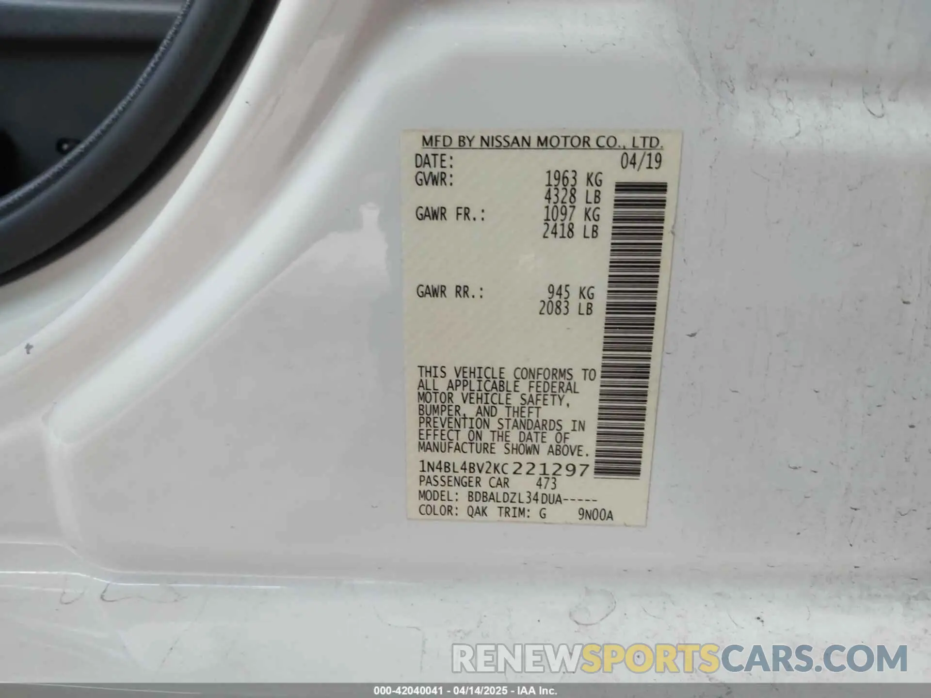 9 Photograph of a damaged car 1N4BL4BV2KC221297 NISSAN ALTIMA 2019